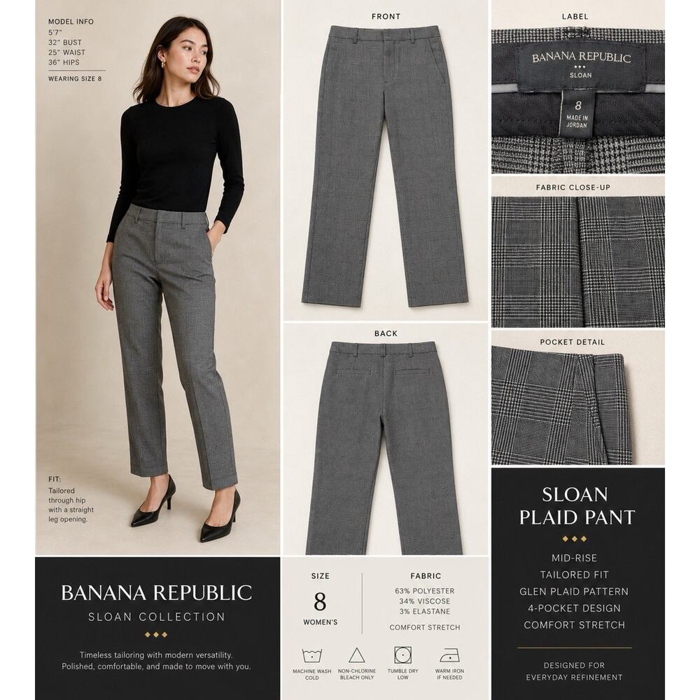 Banana Republic Sloan Pants Womens 8 Gray Plaid Slim Career Stretch Ankle